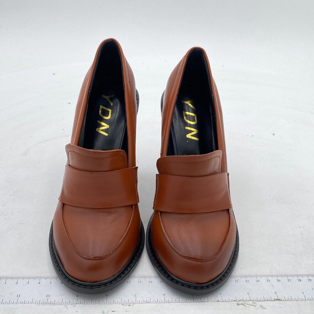 Ydn Brown Chunky High Heels Round Toe Oxford Loafer Shoes Slip On Office Shoes View 3